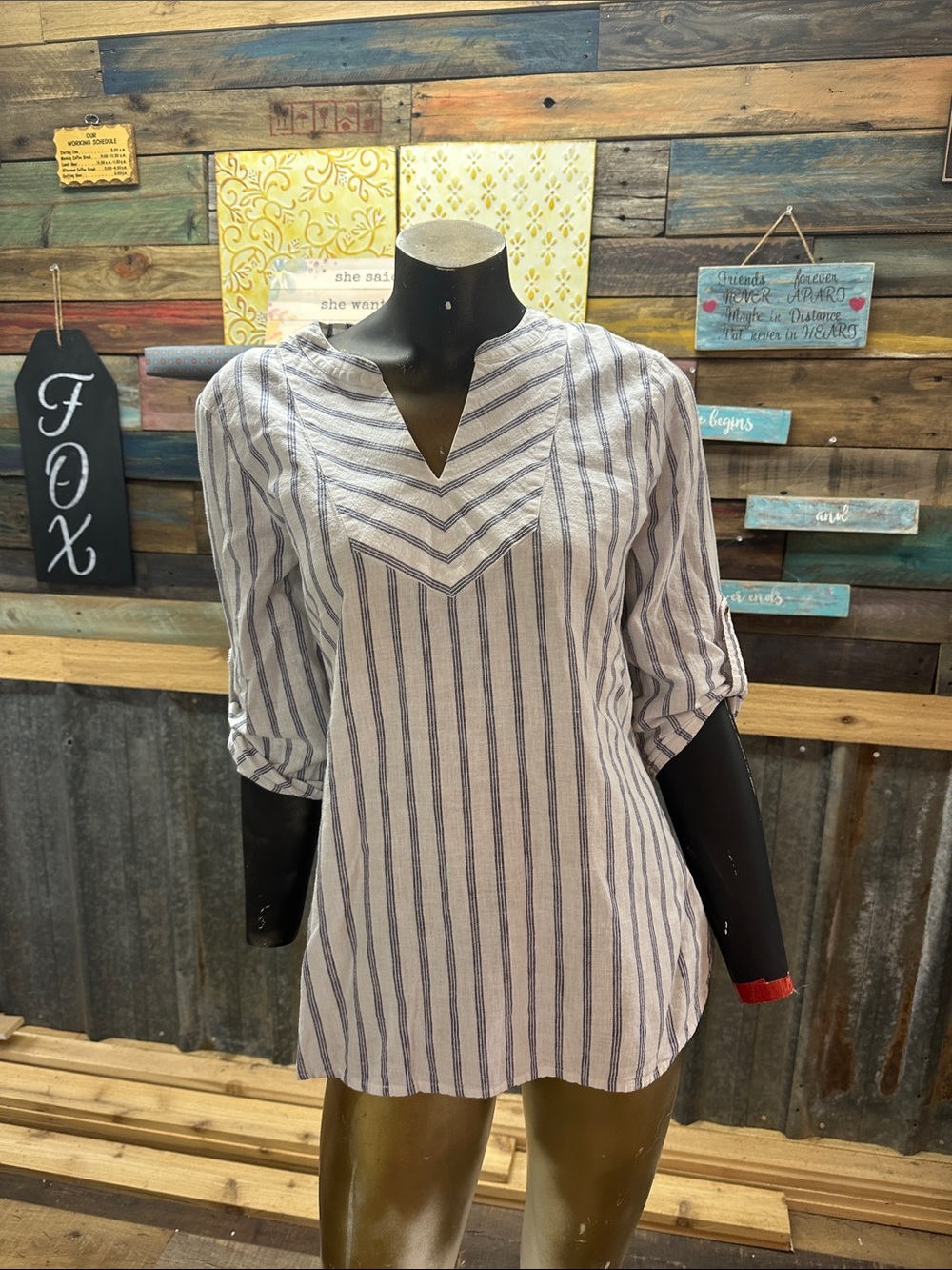 Ivanka Trump White and Blue Striped V-Notch Tunic